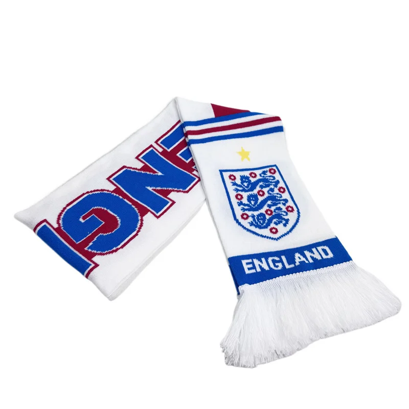white blue striped jacquard football fan scarf on white background - bulk football scarf supplier Europe