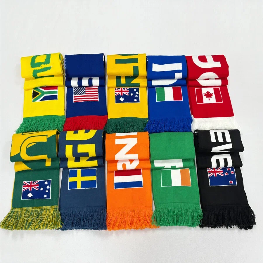red white woven football fan scarf on white background - Oeko-Tex certified supplier