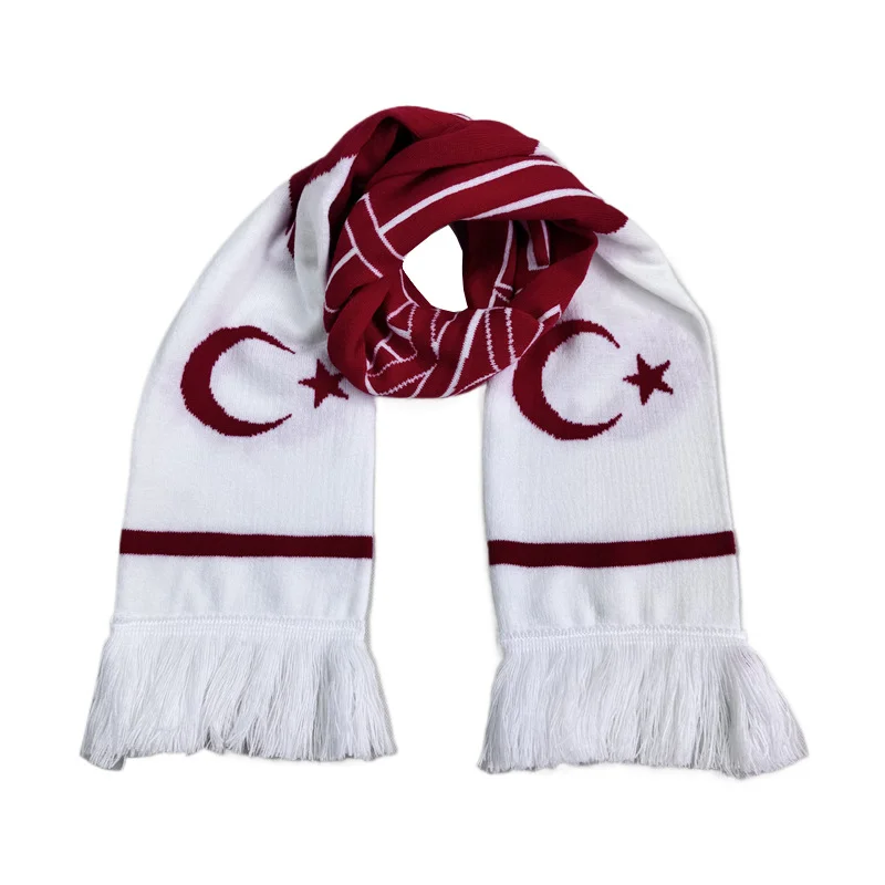 red white fringe football fan scarf on white background