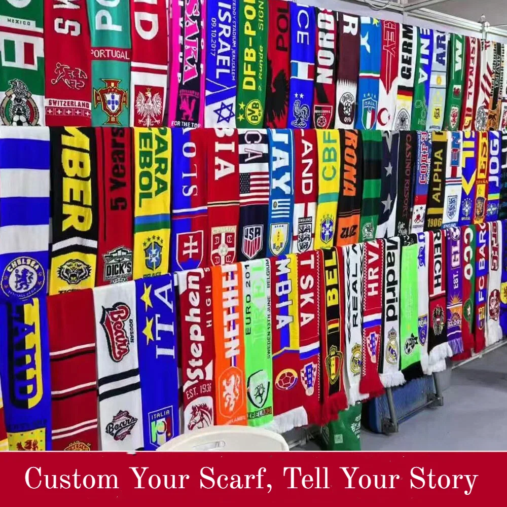 red white striped jacquard football fan scarf on white background - free sample on request
