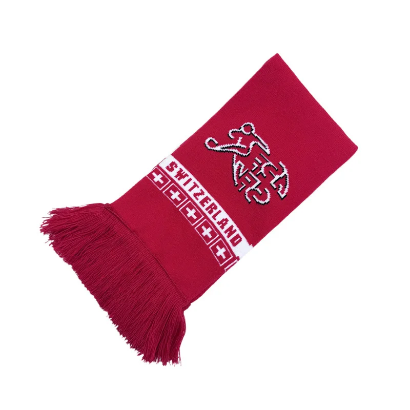 striped red knitted club scarf with fringe on white background