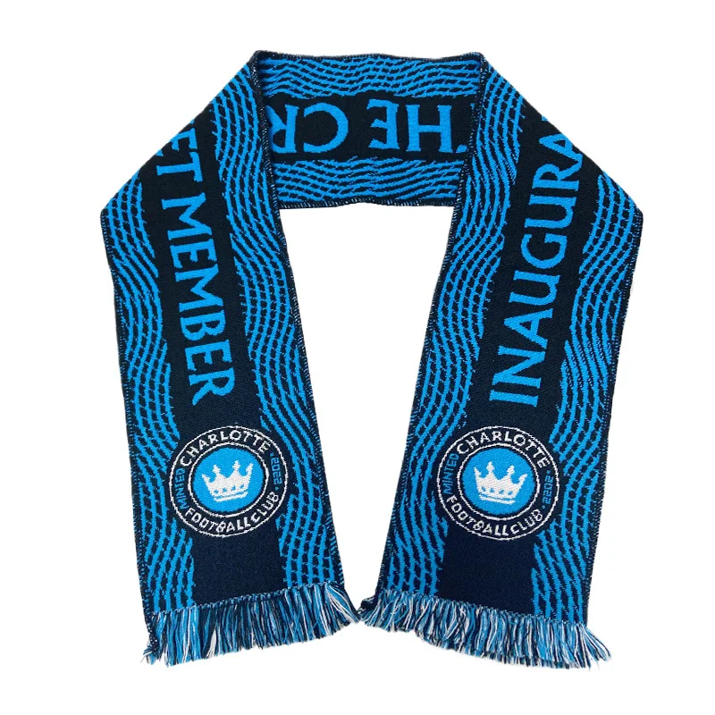 blue white woven jacquard club scarf on white background