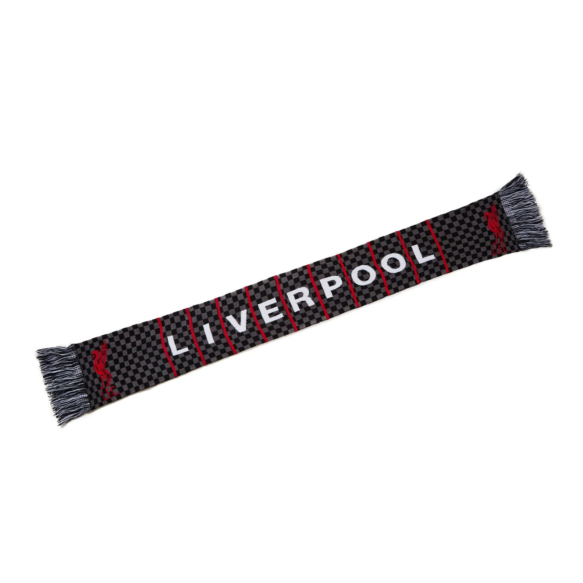 red white knitted club scarf with fringe on white background - Oeko-Tex & BSCI certified