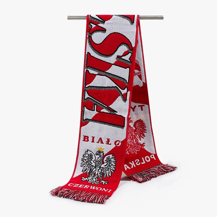 blue gold striped woven football scarf on white background