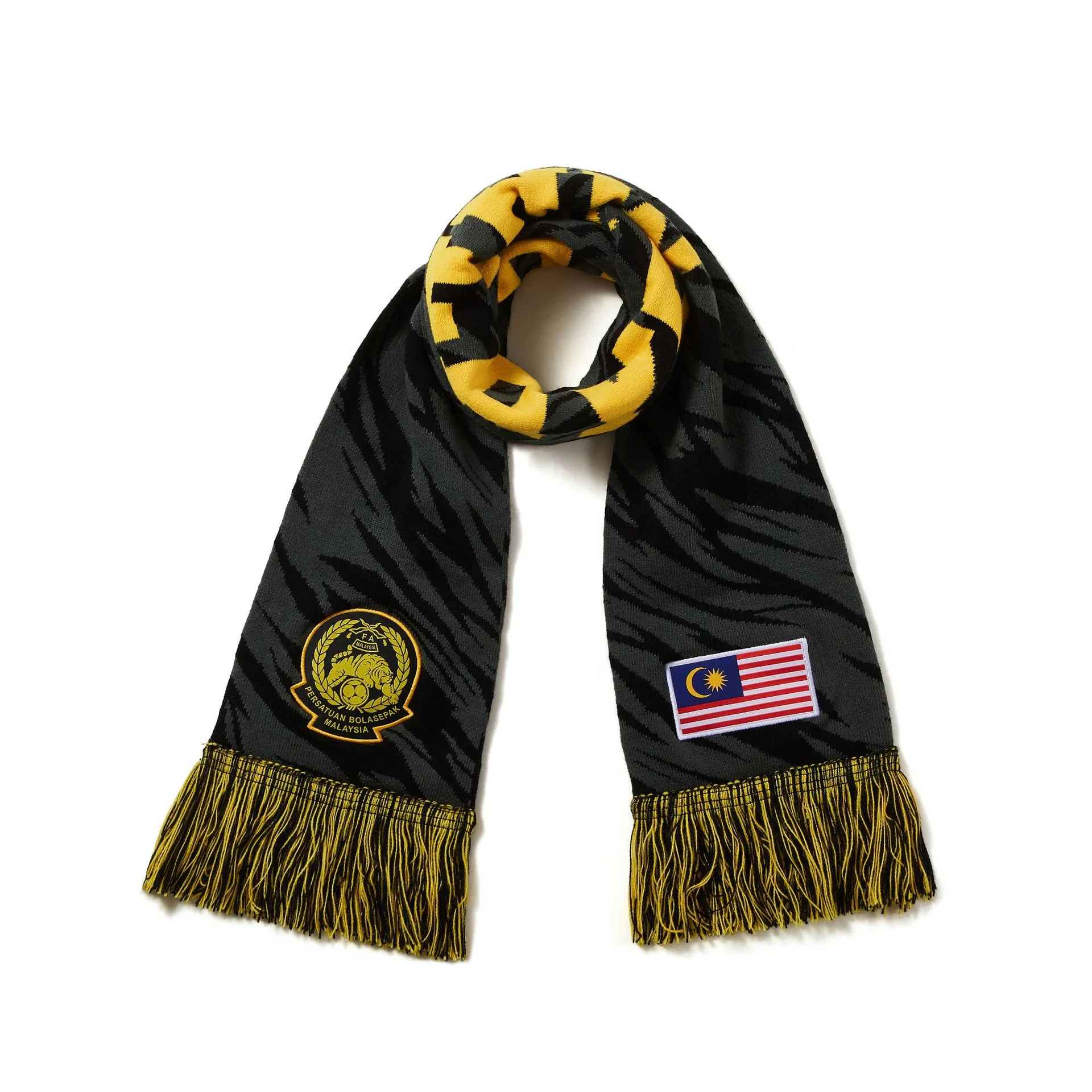 yellow black striped jacquard football fan scarf on white background - football club merchandise supplier