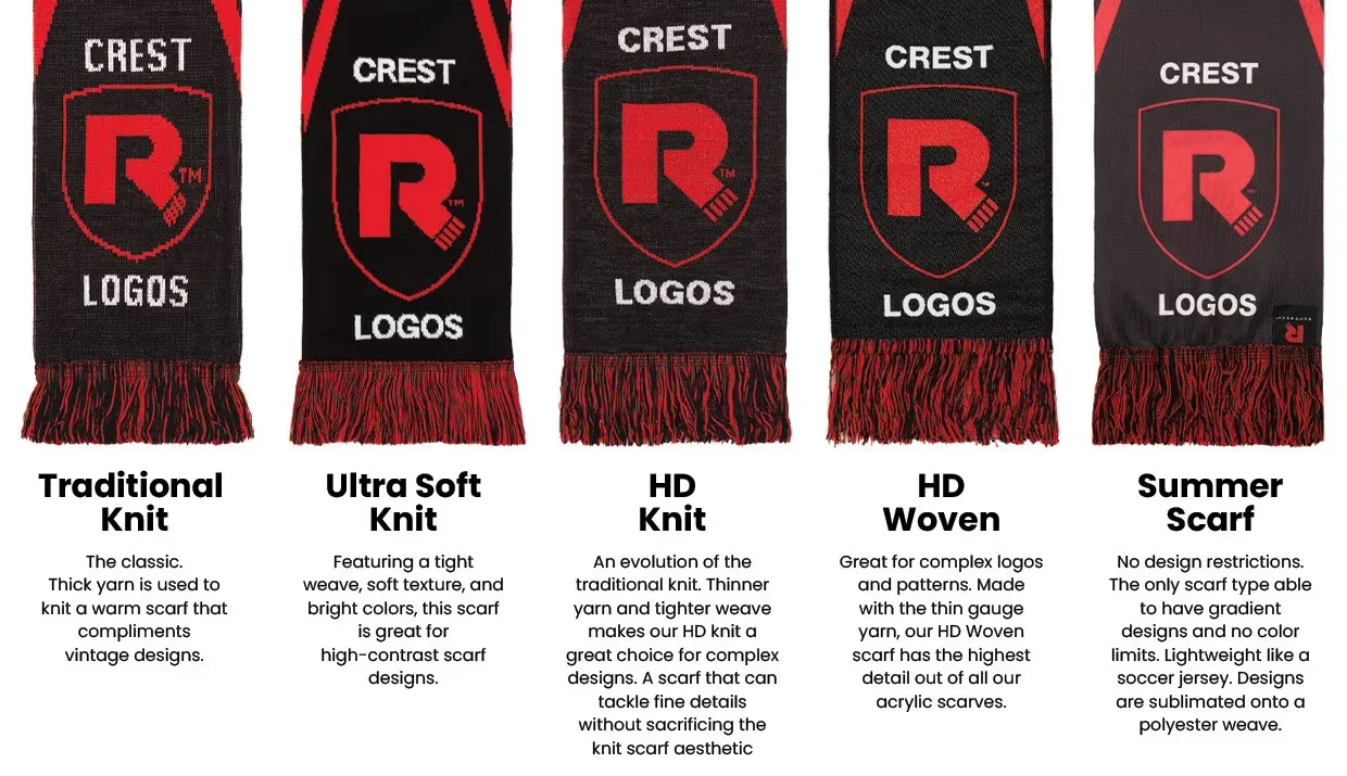 comparison of custom team scarf construction options